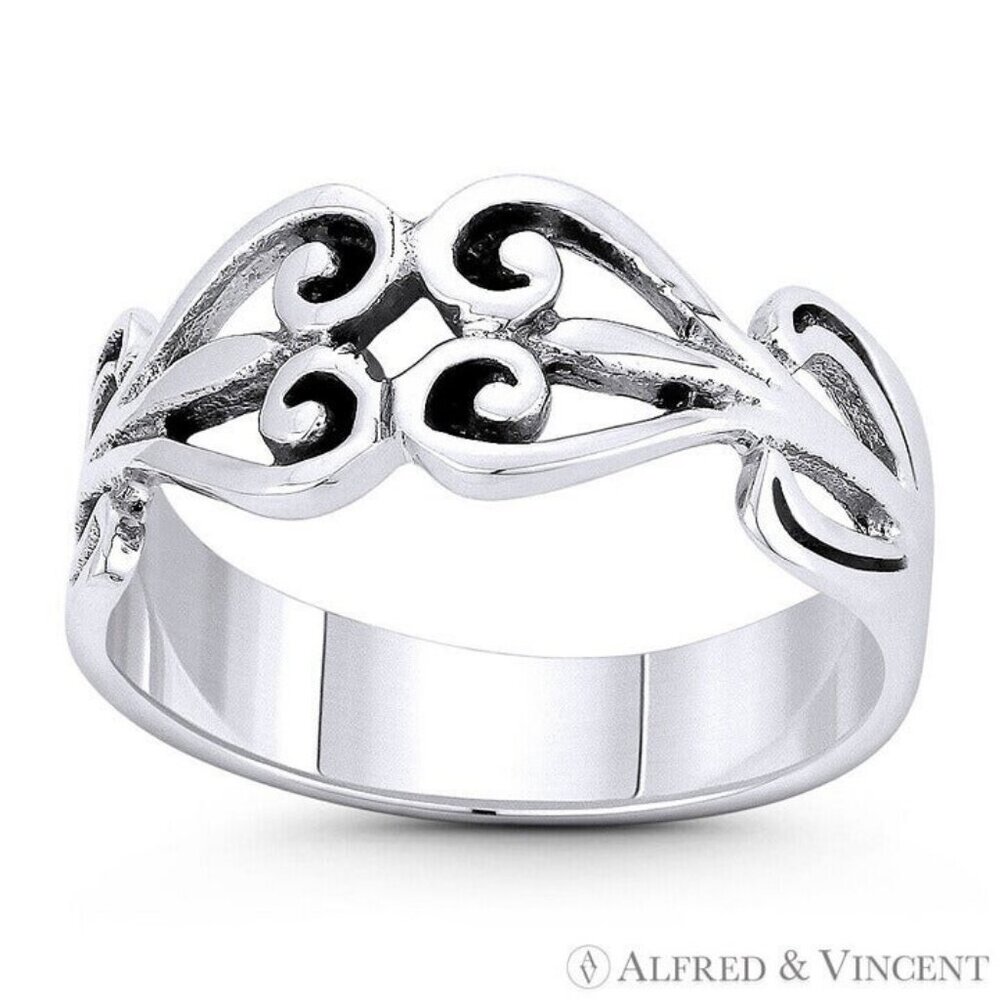 Filigree Swirl Heart Charm Stacking Ring in .925 Sterling Silver - Size 8